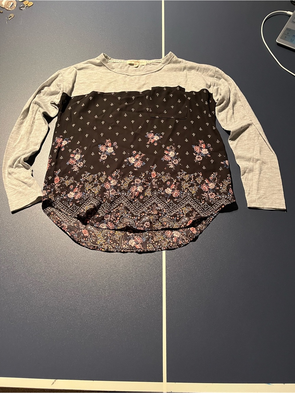 Rewind Black Floral Panel Long-Sleeve Top with Gray Sleeves